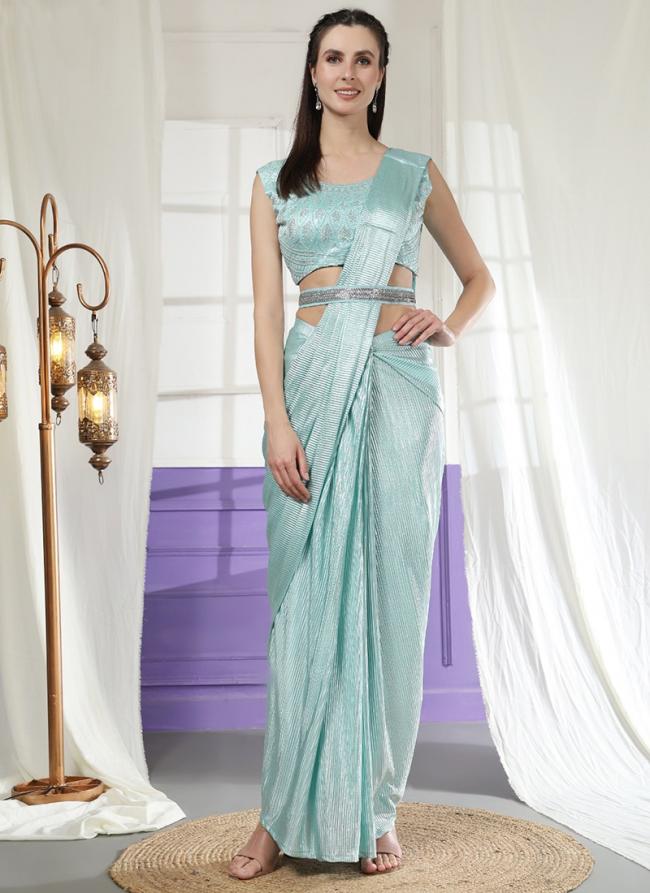 Imported Sky Blue Party Wear Embroidery Work Ready To Wear Saree